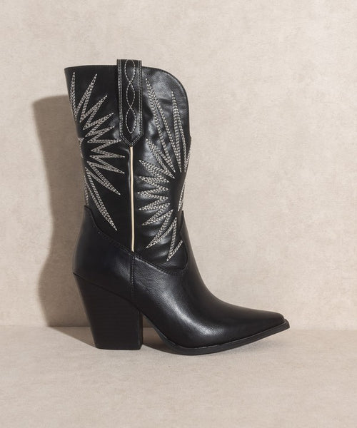 The boots are 9 inches tall and have a 3. 5-inch leather wrap heel. They feature a starburst embroidery pattern on the upper and a slip-on closure. The circumference of the shoe opening is 11.75 inches.
