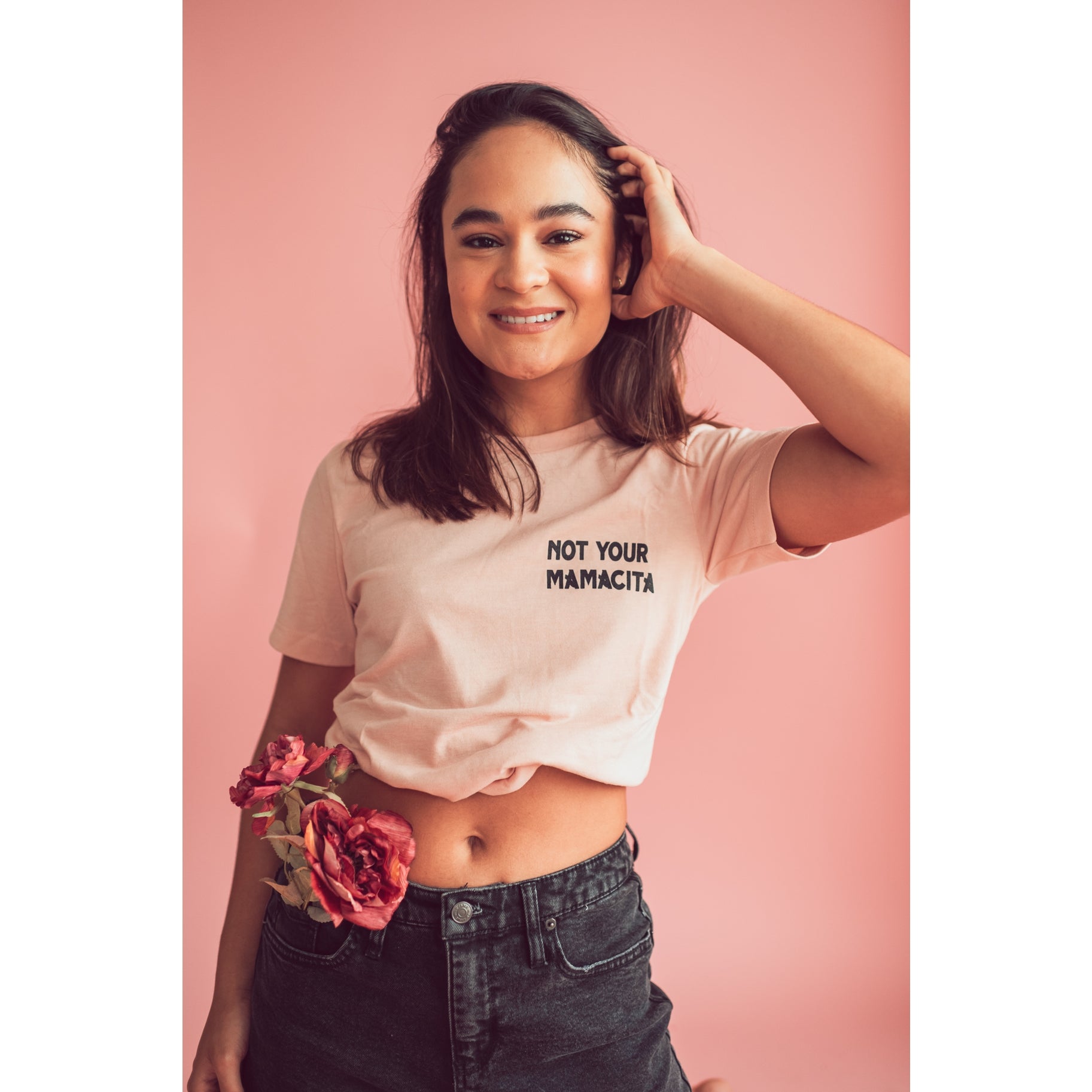 NOT YOUR MAMACITA TEE by Earthy Plant Mama: A bold peach colored tee featuring the message 'Not Your Mamacita' for strong and independent women."